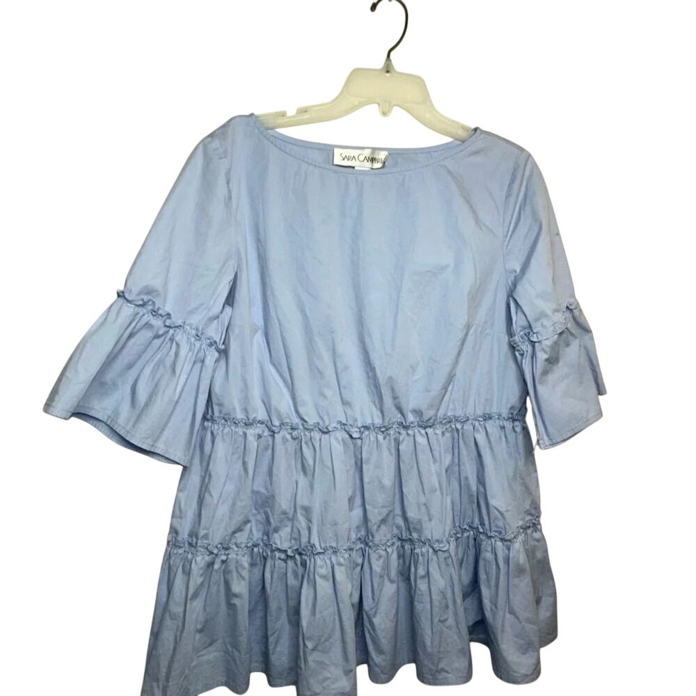 Sara Campbell Light Blue Tiered Ruffle Babydoll Blouse Bell Sleeve Top - Picture 2 of 4